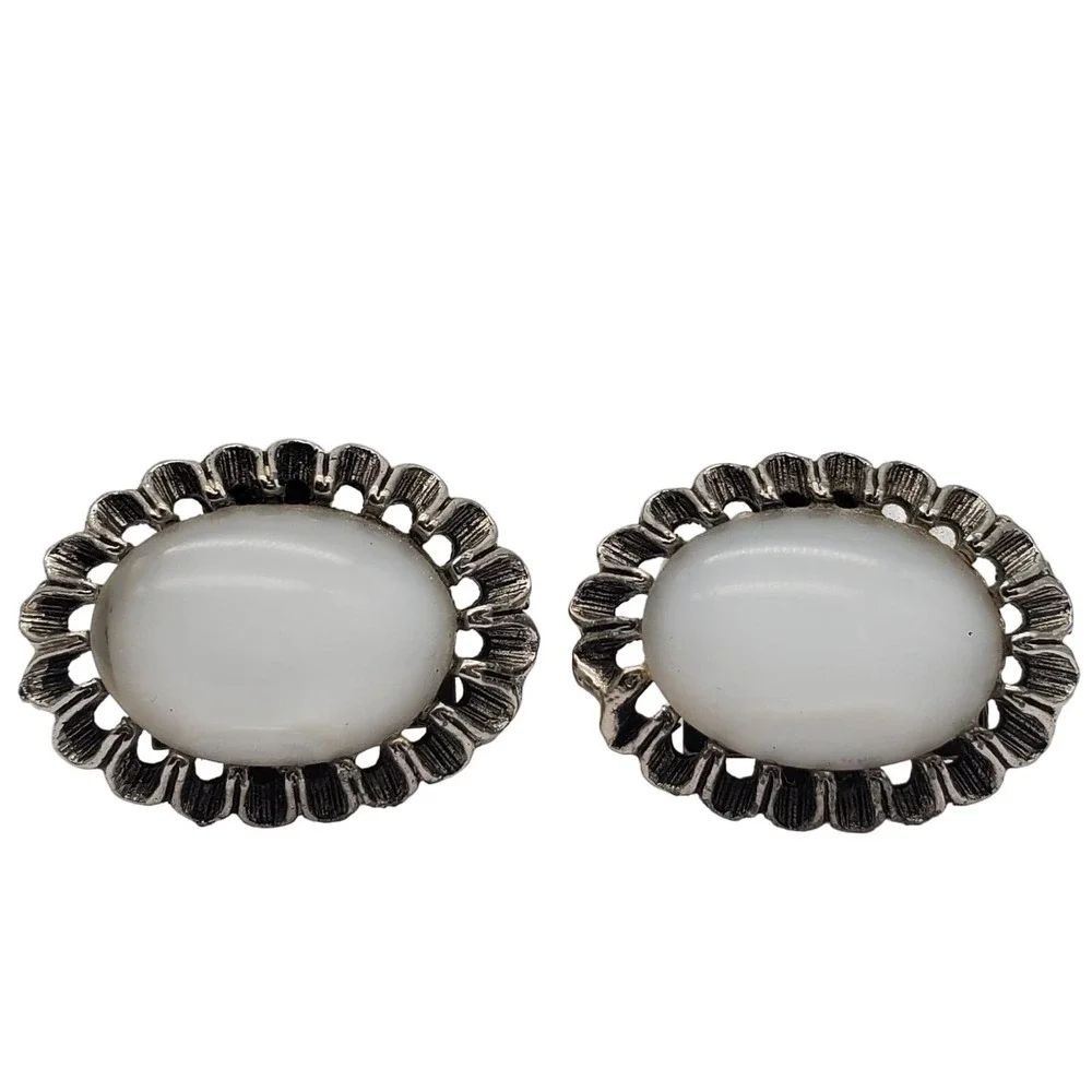 Large White Glass Cufflinks Silver Tone Faux Oval Quartz Stone Filigree Vintage